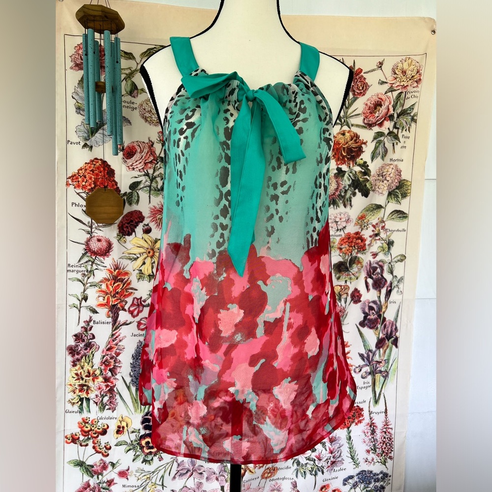 -Apollo  tank size L. Green with red poppy print and a bow. Sheer. Floral